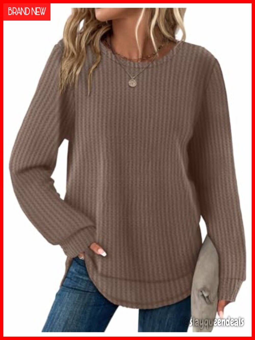 Waffle Knit Tunic Top Long Sleeve Curved Hem